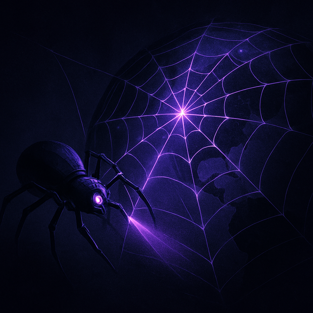 Illustration of a web crawler scanning the internet for vulnerabilities